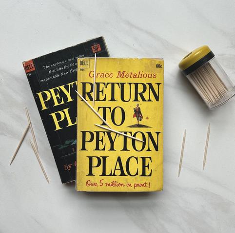 Vintage copies of Peyton Place and Return to Peyton Place, some toothpicks, and a toothpick container with a black and yellow lid, which matches the books quite nicely.