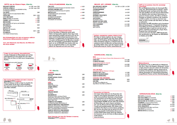 Seite 2 der Speisekarte mit mehr Infos, z.B. zur GemeinwohlÖkonomie und dem Vergleich von Kuhmilch zu Hafermilch im Bezug auf CO2