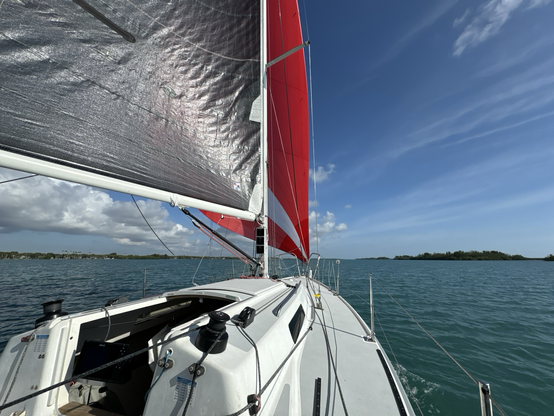 A sailboat with a bright red asymmetrical spinnaker sailing north up the river