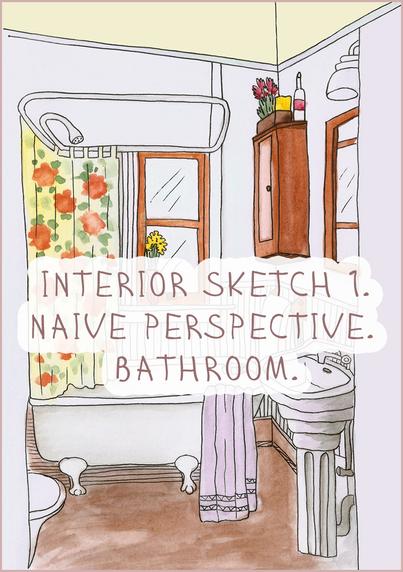 Bathroom, naive art. Sketch interior illustration 1, digital image. Watercolor and liner.