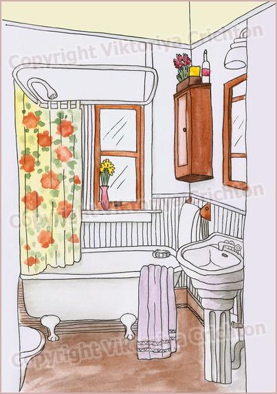 Bathroom, naive art. Sketch interior illustration 1, digital image. Watercolor and liner.