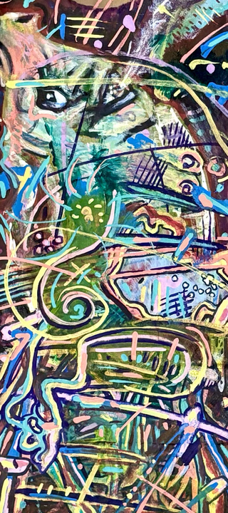 Colorful nonobjective art with various lines and shapes n motion on a brown paper bag