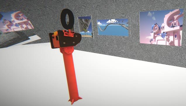 Screenshot from the viewfinder game. There is a camera on a pedestal in the secret room showing prototype game art.