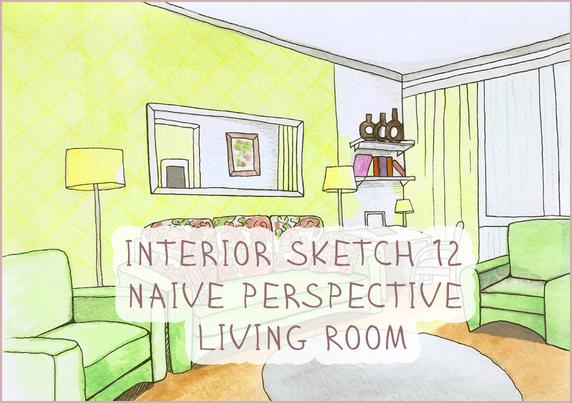 Living Room, naive art. Sketch interior illustration 12, naive perspective, sketchbook. Watercolor and liner.