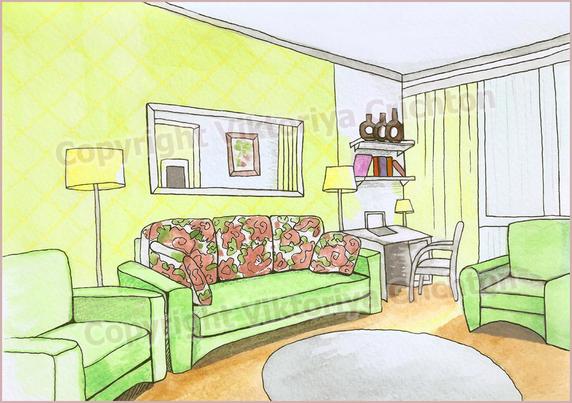 Living Room, naive art. Sketch interior illustration 12, naive perspective, sketchbook. Watercolor and liner.