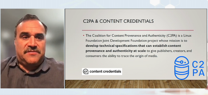 Snapshot of the video recorded talk of Leonard Rosenthol, presenting what the C2P4 and Content Credentials are about: "The Coalition for Content Provenance and Authenticity (C2PA) is a Linux
Foundation Joint Development Foundation project whose mission is to
develop technical specifications that can establish content provenance and authenticity at scale to give publishers, creators, and consumers the ability to trace the origin of media."