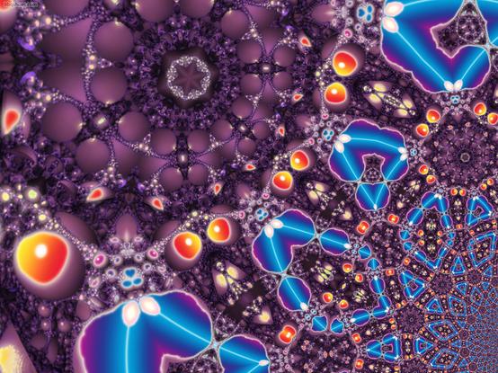 receding kaleidoscopic fractal pattern in purple with orange blobs and blue lines