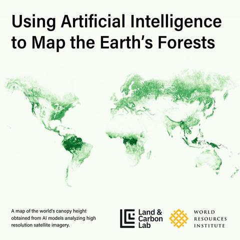 A map of the world’s canopy height obtained from AI models analyzing high resolution satellite imagery. All canopy height data and artificial intelligence models are free and publicly available for commercial use.