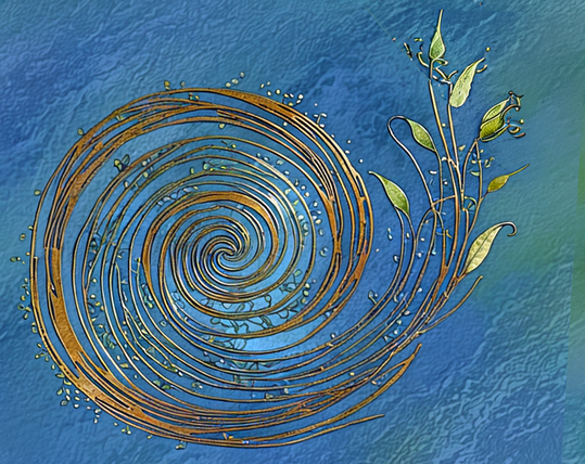 A spiral of golden vines, with tiny leaves and buds sprouting from the stems in the center, breaking into full leaf at the perimeter, on a textured blue background.
