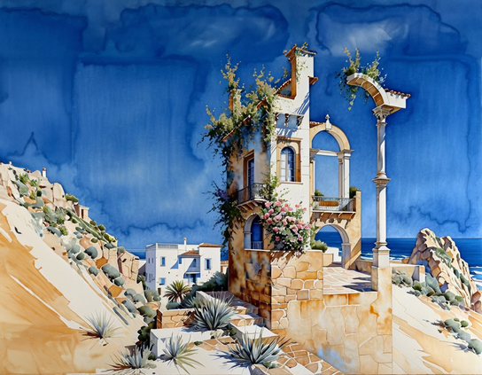 A tall, surreal stone building with columns, archways, and a chimney, with rose bushes growing all over, in a sunny desert setting, with other buildings in the background and a mirage of an ocean. Watercolor style.