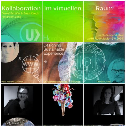 9 Kacheln aus Instagramm zu den letzten 3 UX Roundtables in Hamburg. Aktuell: Kollaboration im virtuellen Raum.
