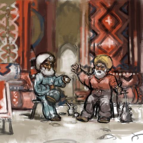 Two old men sitting in front of carpet shop, in deep discussion over coffee and hookah