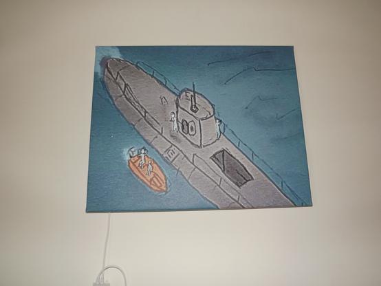 An isometric view of a submarine on the surface with a dinghy next to it. The image has a similar effect to an oil painting.

A wire runs from behind the print, leading to LEDs that line the inside. They're currently turned off.