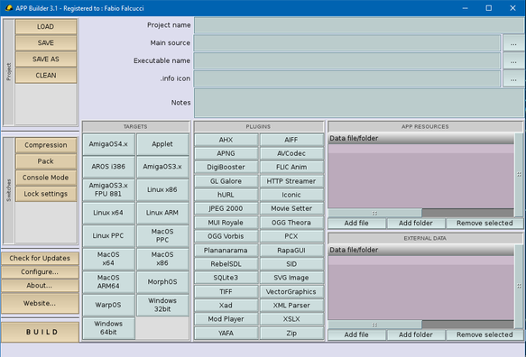 Screenshot of my app called AppBuilder, the main window is composed by several areas where you can select the target architectures and the plugins you app has to use.