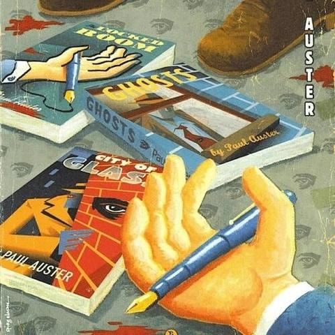 Detail from a cover of Paul Auster's The New York Trilogy: color illustration in vintage style showing a hand in foreground, palm open, holding a fountain pen, and further back, three books - City of Glass, Ghosts, and The Locked Room, each with illustrated covers repeating visual motifs from the overall image of fountain pen, blood splashes, menacing eye, and lurking stranger