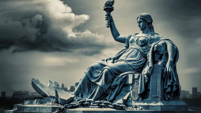 Statue of a seated, robed female figure (the Statue of Liberty) with a crown and torch against a cloudy sky with city skyline in the background.