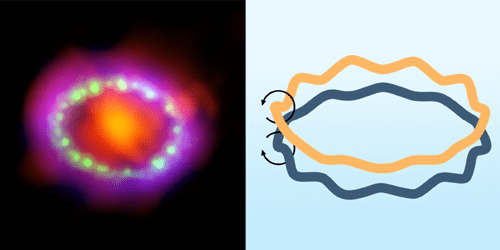 A comparison between an image of SN 1987A and an illustration of the vortex rings thought to create that shape.