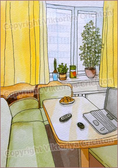 Kitchen, naive art. Sketch interior illustration 14, naive perspective, sketchbook. Watercolor and liner.