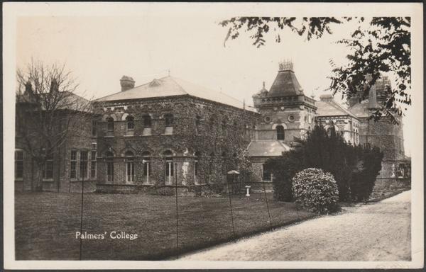 Monochrome real photographic postcard showing a view of Palmer's College at Grays neat Thurrock in Essex.
Publisher not stated, not numbered, c.1920.
Postally used on 12 July, year not clear, with London S.W. cancellation on red one penny stamp and sent to Miss M. Barker, 111 Fanshawe Avenue, Barking, Essex.
Fairly good condition, with extremely slight corner bumps, but light crease to top left centre and remnants of brown paper to the back where the card has been stuck down.