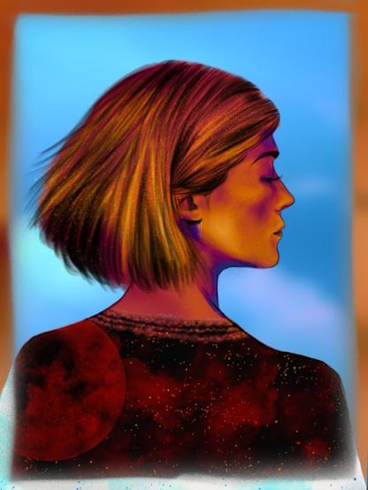 Dessin numérique d’une femme de dos, la tête tournée vers la droite. Elle a les cheveux raides coupés au carré et rangés derrière l’oreille et légèrement balayés par le vent. Son visage et ses cheveux sont dans les tons orange/doré avec des ombres violettes. Elle porte un pull noir avec des motifs de ciel étoilé dans les tons rouge-orangé. Elle se tient devant un ciel bleu.