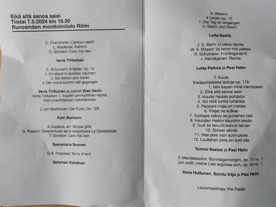 Ohjelma Turun Konservatorion lauluoppilaiden konsertista Runosmäen monitoimitalo Riimissa 7.5.2024 äsken.