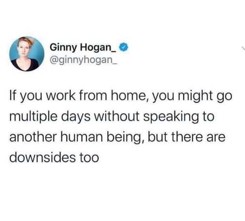 Ginny Hogan_ • @ginnyhogan_ If you work from home, you might go multiple days without speaking to another human being, but there are downsides too