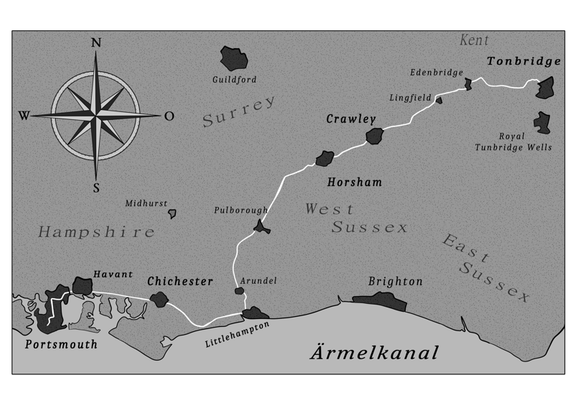 Screenshot einer Landkarte der Küstenlandschaft um West Sussex/Kent in England. Es wird eine Wegstrecke angezeigt von Tonbridge bis nach Portsmouth