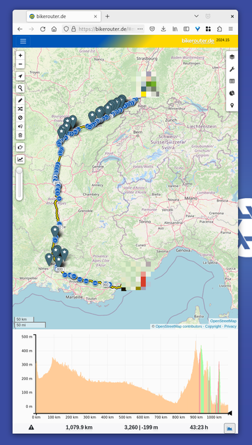 Screenshot einer Bikerouter-Routenplanung aus dem Südwesten Deutschlands in den Südosten Frankreichs, ans Meer. Die Route beschreibt einen C-Bogen um die Alpen.
Knapp 1.100 km und extrapolierte 3.300 Höhenmeter (letztere werden sicher mehr).
Am unteren Rand ist das Höhenprofil zu sehen.
