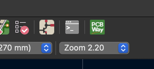 A close-up of the KiCad PCB editor toolbar showing the PCBWay icon (far right).