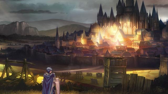 A big panel. On the hills, closer to the viewer, theres a white blue haired man wearing full plate armor with a blue cape. on the hill, there are several balistas and catapult made of wood. the person is looking towards the horizon in which lies a castle wit an inner city, walled, with blue rooftops in pointy designs. the sun just set and the sky is gray.