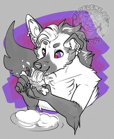 a monochrome bust sketch of a kitsune anthro intently eating meat from a bone with bits flying all over. He's got piercings in each ear, with the left ear closest to the viewer, with a cut end and flopped in the middle.