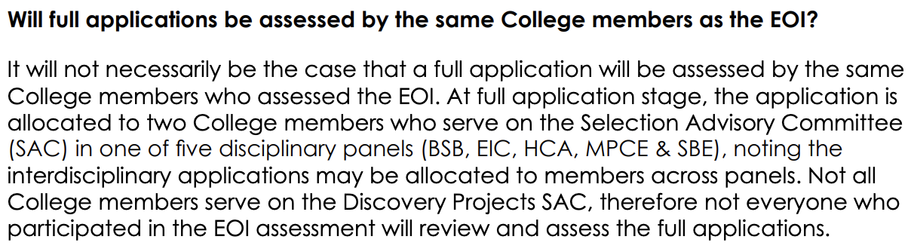 Excerpt from the updated information about the Discovery Projects Expression of Interest assessment on the ARC’s website.