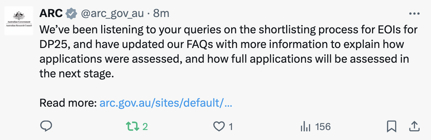 Screenshot of a tweet from the ARC pointing to updated information about the assessment of Discovery Projects Expression of Interest.
