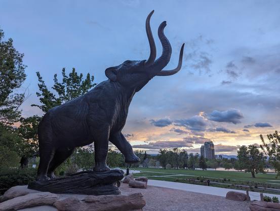 photo - outside Denver Museum Of Nature & Science, elephant at the west entrance, near sunset