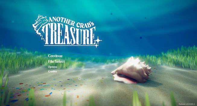 Title Screen for Another Crab's Treasure depicting a shallow, sun filtering underwater scene with a single conical sea shell.