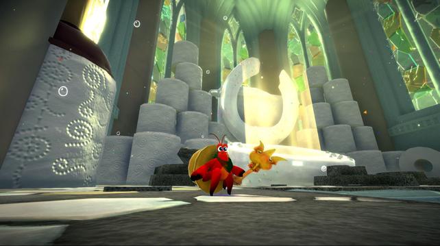 The Cracked Throne Room in Another Crab's Treasure. There is a toilet with stacks of toilet paper surrounding along with plungers. Light filters in through bottle glass cathedral style windows. Our hero, a hermit crab named Kril, stands before the "throne" wearing a service bell as a shell and wielding a beautiful fork as his weapon.