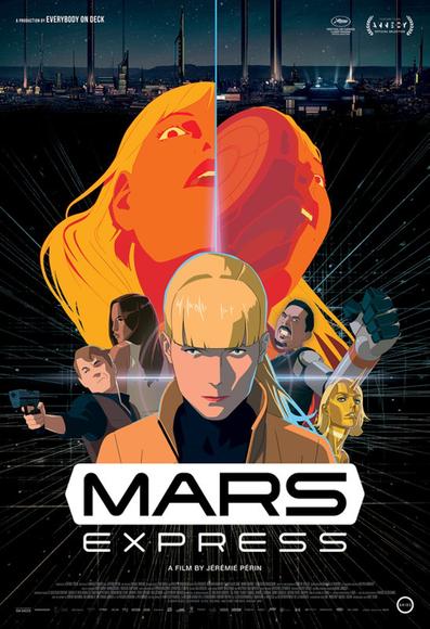 Poster for the movie. Behind the logo, Eileen looks on with a fan of other character behind her. Behind them all, the head of a female robot is cut in half, showing her advanced robotics within.