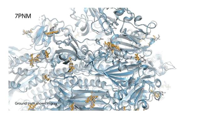 Screenshot of AlphaFold 3’s structural prediction for a spike protein (blue) of a cold virus as it interacts with antibodies and simple sugars (yellow)
