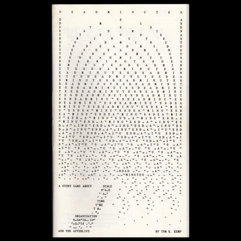 Cover of the booklet accompanying the game Dead Minutes, Riso-printed in black and set exclusively in caps from the monospaced Mercure Transcript. The title is repeated multiple times, arranged in nested arches, like concrete poetry. Toward the bottom, the words get deconstructed and seem to fall apart. For this, Salminen made use of the font’s stylistic sets which offer glyphs that only show the top or bottom half of a given letter.