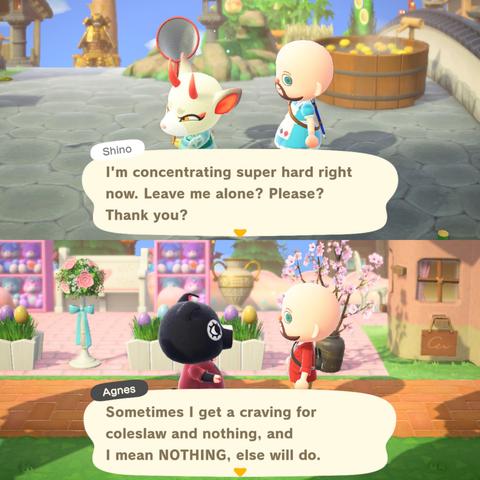College of two Animal Crossing: New Horizons screenshots stacked vertically. In both images, a bald, blue eyed, light skinned, bearded human villager is speaking to an animal villager. In the upper one, the human is wearing a blue dress and Shino is looking intently at a bug. She says, I'm concentrating super hard right now. Leave me alone? Please? Thank you?" In the lower image, Agnes is talking to the human in a red shirt. Agnes is saying, "Sometimes I get a craving for coleslaw and nothing, and I mean nothing, else will do."