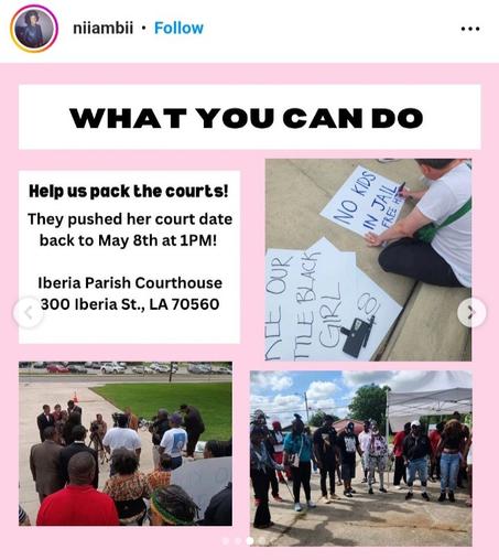 WHAT YOU CAN DO

Help us pack the courts! They pushed her court date back to May 8th at 1PM!

Iberia Parish Courthouse 
300 Iberia St., LA 70560