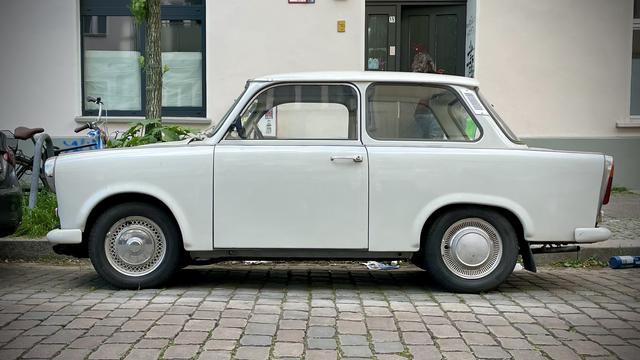 A side view of a Trabant, affectionately known as Trabi, which were pretty common in East Germany, then unfairly scorned after German reunification when East Germans dumped them in favor of fancy western cars. Well, this one’s more than 50 years old and still driving like new.