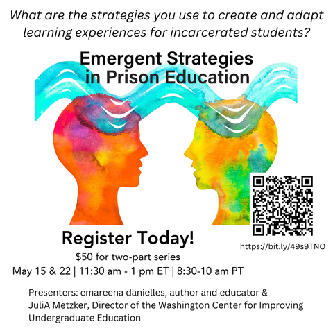 two brightly painted profiles are facing each other, gorgeous blue thought waves connecting them.  Event details are May 15 & May 22, 830-10 am PDT, $50 for both (individual).  Reg at bit.ly/49s9TNO