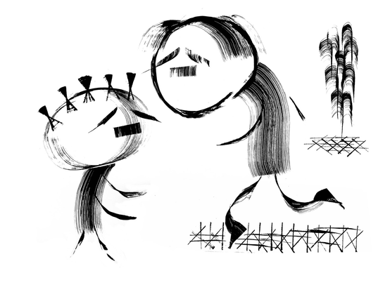 Black and white drawing done in wide marker strokes, two characters and tree.