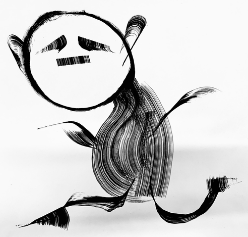 Black and white drawing done in wide marker strokes of a man dancing