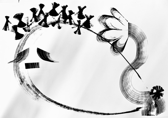 Black and white drawing done in wide marker strokes of a big headed character
