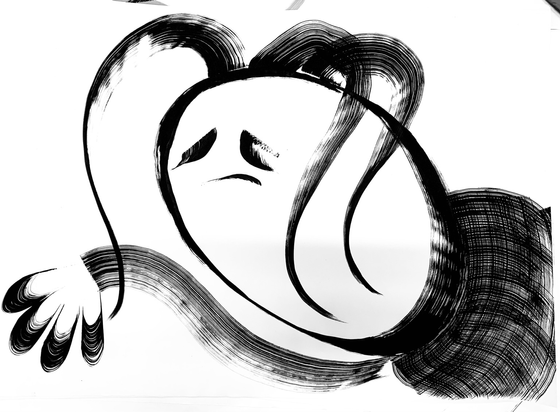 Black and white drawing done in wide marker strokes of a character