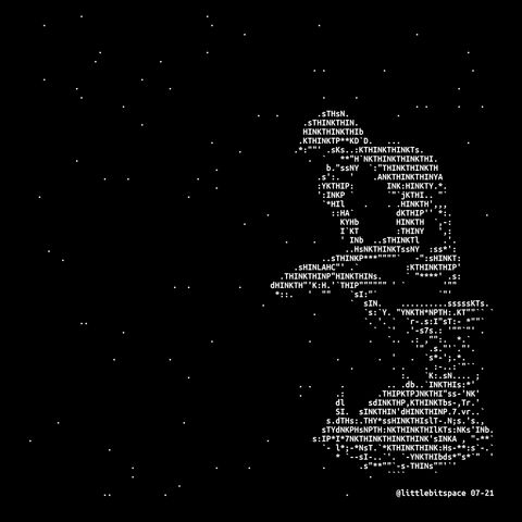 In a dark, starry space, a pensive nude man, sitting on a pedestal, hunches over while resting his chin on one hand.