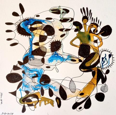 Abstract drawing in bright turquoise, rust brown, yellow, and black with looping lines drawn in black ink.