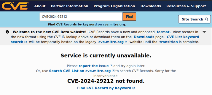 Screenshot of cve.org that shows that the search is currently unavailable.